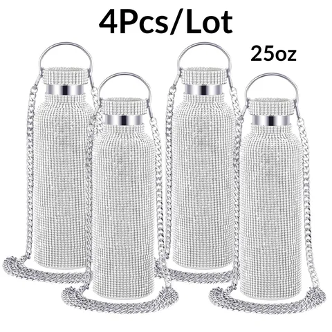 304 Stainless Steel Rhinestone Inlaid Portable Vacuum Flask With Metal Chain Stylish Double Walled Insulated Water Bottle For Outdoor Sport
