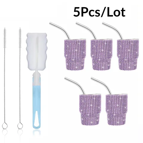 Mini Rhinestone Insulated Tumbler Stainless Steel Shot Cup With Straw And Cleaning Brush Portable Party Drinkware For Women