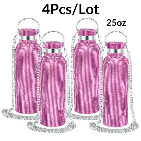 304 Stainless Steel Rhinestone Inlaid Portable Vacuum Flask With Metal Chain Stylish Double Walled Insulated Water Bottle For Outdoor Sport