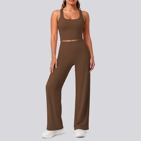 Damen Racerback Yoga Set Enges Weste Und Hohe Taille Weites Bein Flare Hose Atmungsaktiv Einfarbig Sport Laufen Gym Top And Bottom