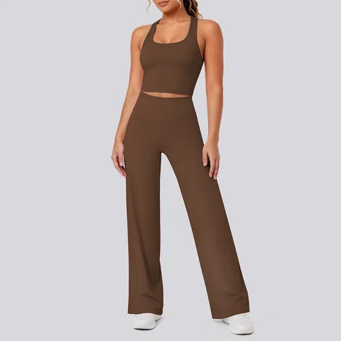 Damen Racerback Yoga Set Enges Weste Und Hohe Taille Weites Bein Flare Hose Atmungsaktiv Einfarbig Sport Laufen Gym Top And Bottom