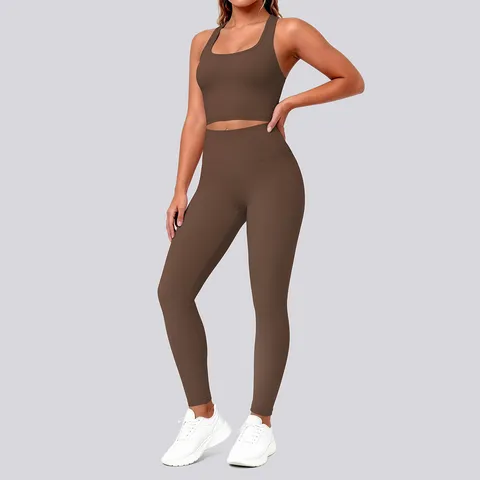 Women Minimalist Solid Color Nylon Spandex Yoga Apparel Sleeveless Racerback Top And Bottom Slim Fit High Waist Athletic Workout Tracksuit