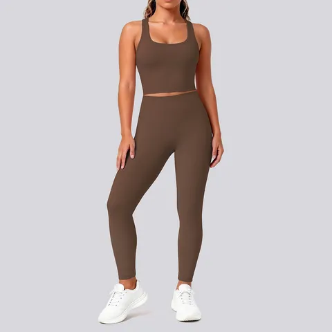 Women Minimalist Solid Color Nylon Spandex Yoga Apparel Sleeveless Racerback Top And Bottom Slim Fit High Waist Athletic Workout Tracksuit