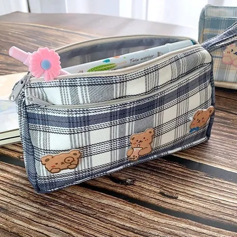 Große Kapazität Kariertes Mäppchen Amerikanisches Vintage Segeltuch Schreibwarentasche Für Studenten Schulbedarf Mädchen Geschenk