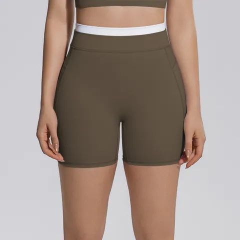 Short de Yoga Nervuré à Taille Haute pour Femmes Sensation Sans Couture Couleur Contrastée Contrôle du Ventre Fitness Gym Course à Pied Bas Pantalon de Yoga Moulant Athlétique