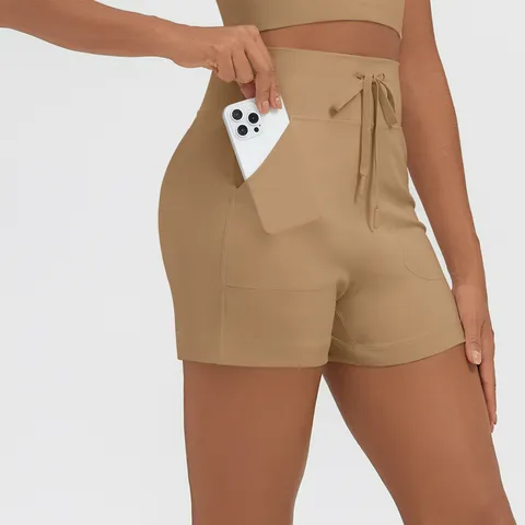 Pantalones Cortos de Yoga de Cintura Alta Para Mujer Con Cordón Y Bolsillos Shorts Deportivos de Nailon Y Elastano Perchado