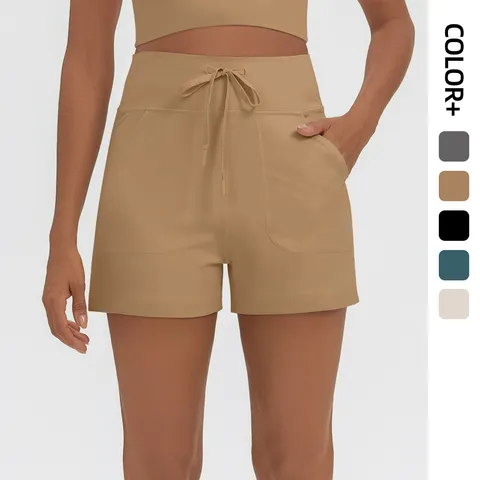 Pantalones Cortos de Yoga de Cintura Alta Para Mujer Con Cordón Y Bolsillos Shorts Deportivos de Nailon Y Elastano Perchado