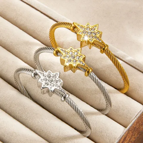 Stainless Steel North Star Bangle Bracelet With Rhinestone Inlaid Gold Silver Two-Tone Twisted Wire Rope Open Cuff Bracelet For Men Women Jewelry