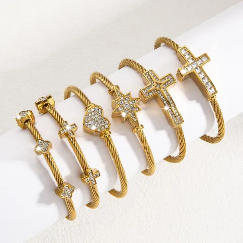 Hip Hop Punk Titanstahl Kabel Armreif Für Herren Strass Kreuz Achtzackiger Stern Herz Offener Gedrehter Draht Armband Trend Schmuck