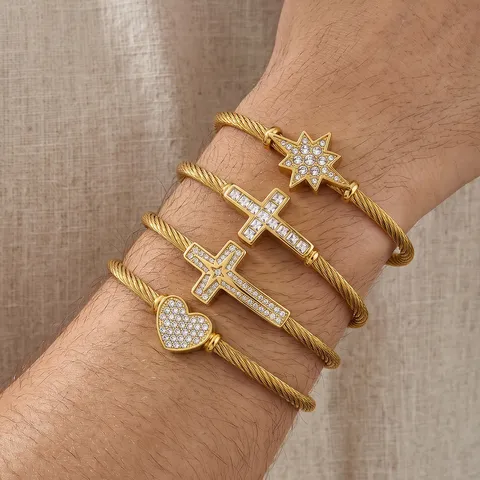 Hip Hop Punk Titanstahl Kabel Armreif Für Herren Strass Kreuz Achtzackiger Stern Herz Offener Gedrehter Draht Armband Trend Schmuck