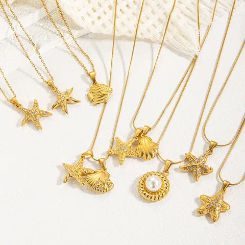 Vintage Leichter Luxus Edelstahl Seestern Muschel Anhänger Halskette Vergoldet Strass Künstliche Perle Schlüsselbeinkette Schmuck Für Damen Strand