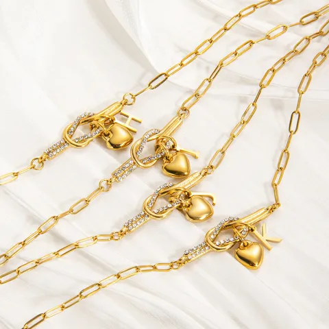 Mode Edelstahl Anfangsbuchstabe Herz Strass Geknotetes Büroklammerkette Armband Für Damen Gold Schmuck Geschenk