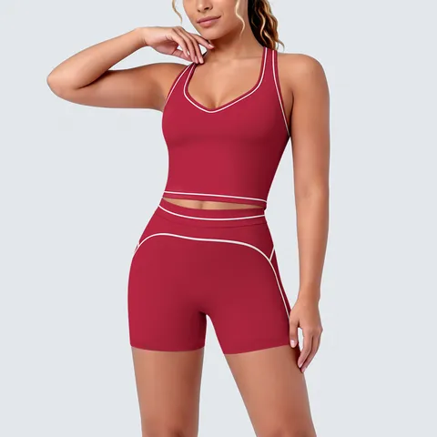 Women's Color Block Racerback Yoga Set Brushed Tight Sports Vest And Shorts Running Fitness Top And Bottom