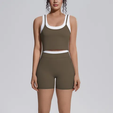 Women Color Block Yoga Set Ribbed Activewear Tank Top And Bottom High Waist Sports Shorts Fitness Workout Suit Breathable