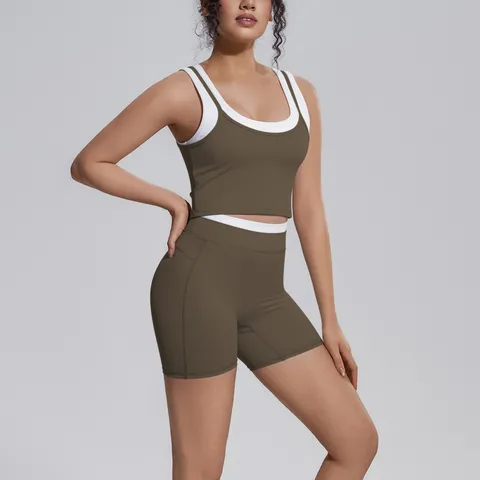 Women Color Block Yoga Set Ribbed Activewear Tank Top And Bottom High Waist Sports Shorts Fitness Workout Suit Breathable