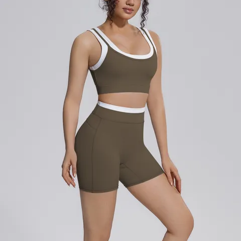 Women Athletic Yoga Set Color Block Sleeveless Sports Bra Top And High Waist Tight Shorts Running Fitness Activewear
