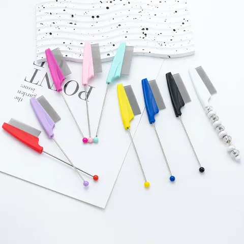 DIY Beaded Pet Flea Comb Cat Dog Grooming Brush Stainless Steel Dense Teeth Plastic Handle Pet Hair Care Tool