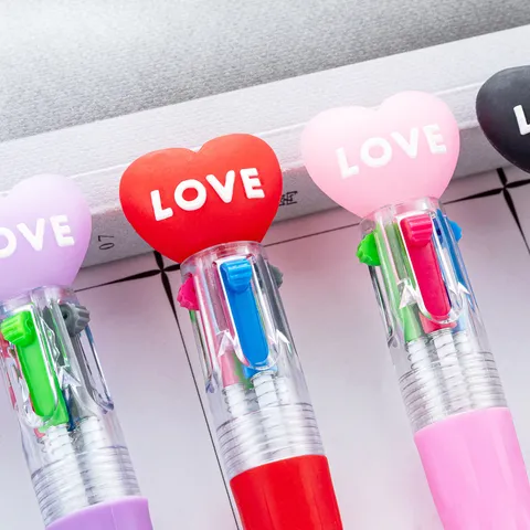 Penna a Sfera Multicolore Creativa Mini 4-in-1 Simpatico Cuore di Cartone Animato in Plastica per Studenti