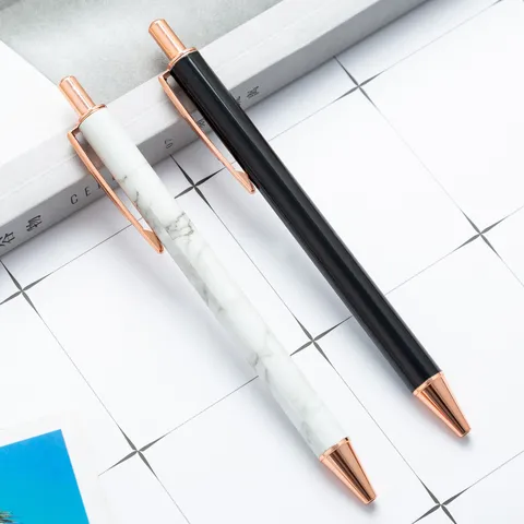 Minimalistische Metalen Balpen Kantoor Business Schrijven Marmerpatroon En Zwart Indrukbaar Met Roségouden Clip