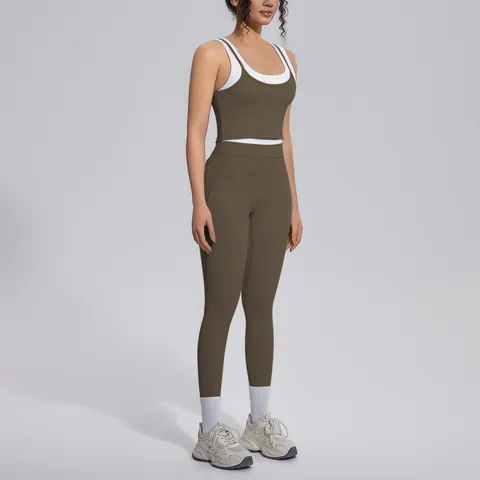 Damen Gerippt Kontrastfarbe Top And Bottom Hohe Elastizität Atmungsaktiv Ärmellos Sport Tank Vest Taillenlänge Hohe Taille Hose Yoga Fitness Workout Laufen Sportanzug