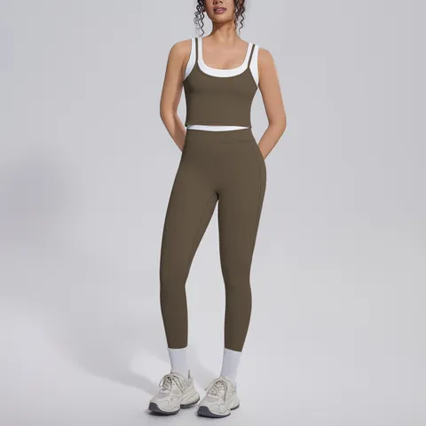 Ensemble de Yoga Côtelé pour Femmes Couleur Contrastée Nylon Élasthanne Soutien-gorge de Sport Leggings Taille Haute Fitness Gym