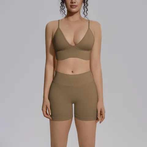 Conjunto de Ropa de Yoga Sin Costuras Color Sólido para Mujer Sujetador Deportivo Espalda Cruzada Shorts Cintura Alta Levanta Cola Ropa Deportiva Parte Superior Y Inferior