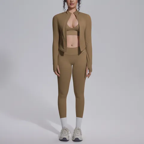 Damen Nahtloses Yoga-Set Jacke Mit Reißverschluss Sport-BH Und Leggings Hochelastische Atmungsaktive Fitness-Kleidung