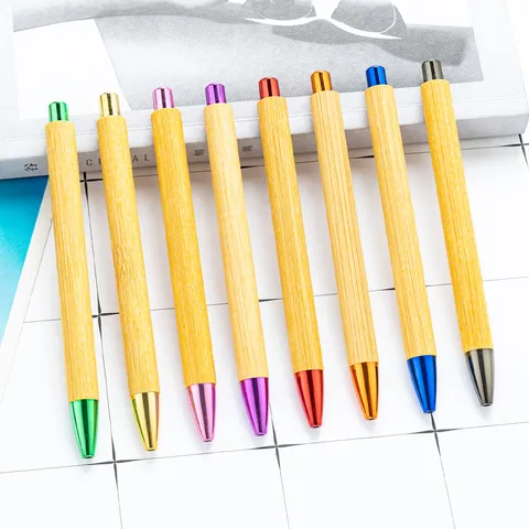 Eco-Friendly Bamboo Wood Ballpoint Pen Business Office Writing Pen Metal Trim Retractable Ball Pen Gift Stationery