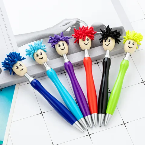 Creative Cute Plush Doll Head Ballpoint Pen Rotating Decompression Toy Pen Office Writing Stationery Gift