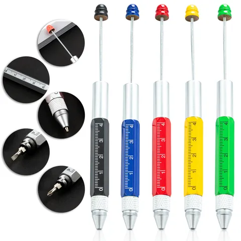 Multifunctional Metal Tool Pen 5 in 1 Ballpoint Pen With Ruler Screwdriver Beadable Design Office School Writing Supplies