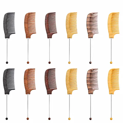 Multi-Color Plastic Hair Tail Comb Wood Grain Fine Tooth Styling Comb With Beaded Metal Pin For Hair Salon