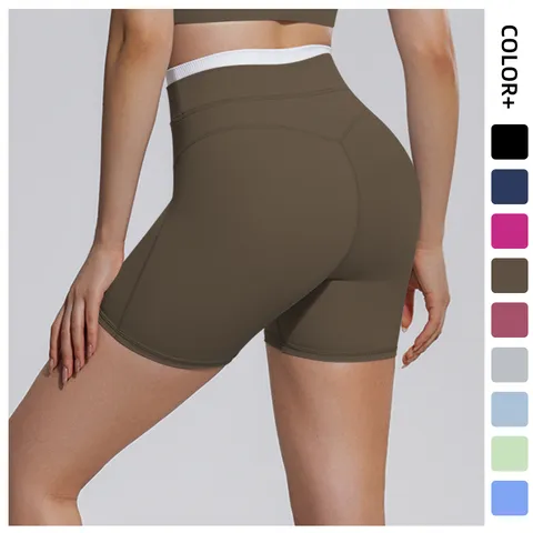 Short de Yoga Nervuré à Taille Haute pour Femmes Sensation Sans Couture Couleur Contrastée Contrôle du Ventre Fitness Gym Course à Pied Bas Pantalon de Yoga Moulant Athlétique