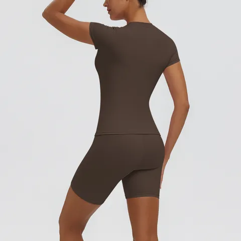 Femmes Coupe Slim Yoga Haut et Bas Respirant Manches Courtes Course Short Survêtement Extérieur Décontracté Exercice Activewear