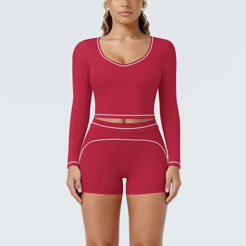 Women Color Block High Stretch Yoga Set Low Neck Long Sleeve Top And Bottom Fitness Shorts Running Gym Activewear