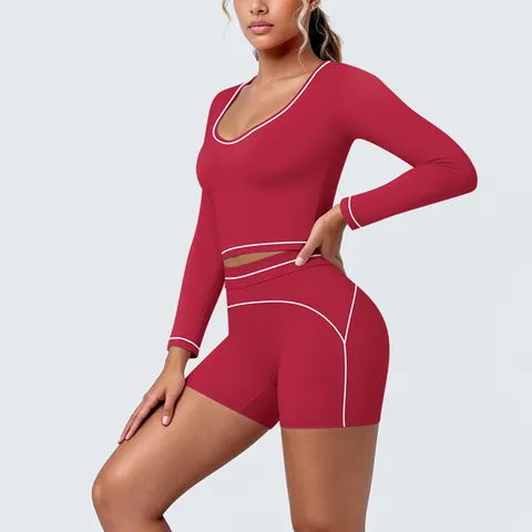 Women Color Block High Stretch Yoga Set Low Neck Long Sleeve Top And Bottom Fitness Shorts Running Gym Activewear