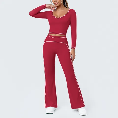 Damen Kontrastpaspelierung Yoga Top Und Hose Langarm V-Ausschnitt Crop Top Weites Bein Flare Hose Workout Gym Activewear