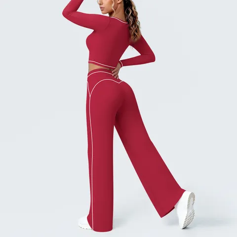 Damen Kontrastpaspelierung Yoga Top Und Hose Langarm V-Ausschnitt Crop Top Weites Bein Flare Hose Workout Gym Activewear
