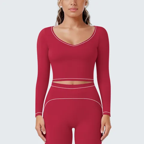 Damen Athletic Pullover Langarm Top Farbblock Kontrastierende Paspel Cropped Slim Fit Elastisch Atmungsaktiv Yoga Sport T-Shirt