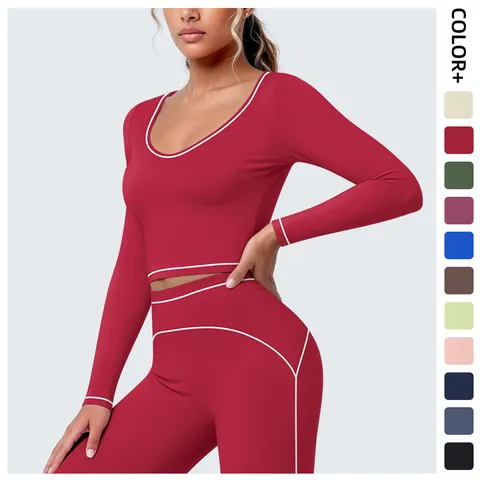 Damen Athletic Pullover Langarm Top Farbblock Kontrastierende Paspel Cropped Slim Fit Elastisch Atmungsaktiv Yoga Sport T-Shirt