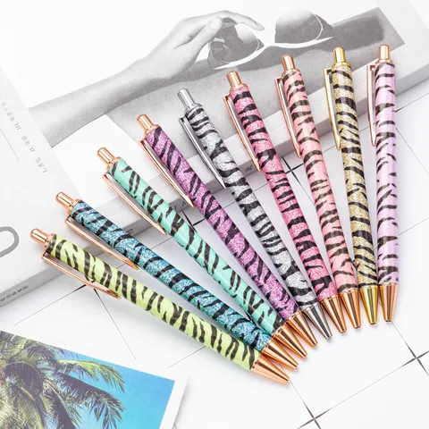 Retractable Metal Ballpoint Pen Multicolor Glitter Zebra Stripe Pattern Office School Business Writing Gift Pen