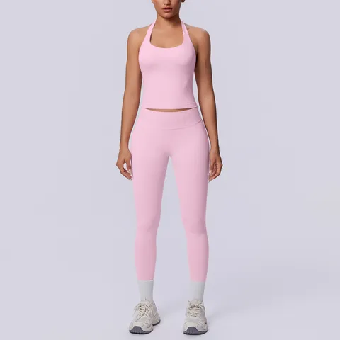 Tuta Yoga Senza Cuciture con Scollo all'Americana e Schiena Scoperta Donna Vita Alta Reggiseno Sportivo e Leggings Sopra e Sotto Fitness Nylon Spandex