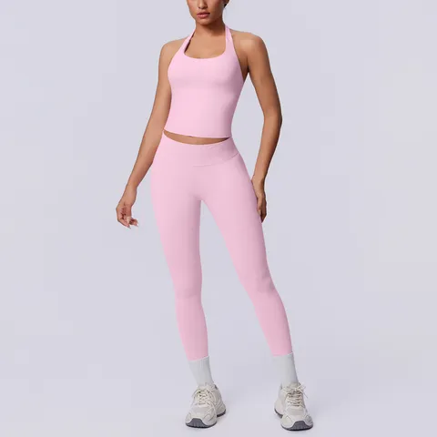 Tuta Yoga Senza Cuciture con Scollo all'Americana e Schiena Scoperta Donna Vita Alta Reggiseno Sportivo e Leggings Sopra e Sotto Fitness Nylon Spandex