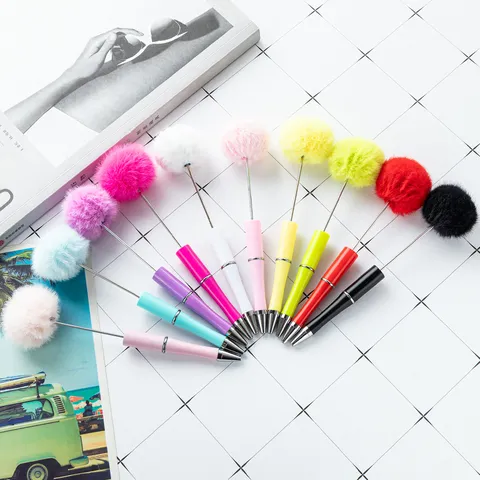 Creative DIY Handmade Plastic Beaded Ballpoint Pen Cute Cartoon Fluffy Plush Ball Office School Writing Stationery Pen