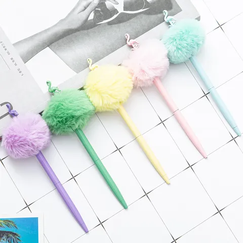 Cute Flamingo Plush Pom Pom Ballpoint Pen Cartoon Animal Design Writing Pen Office School Student Gift
