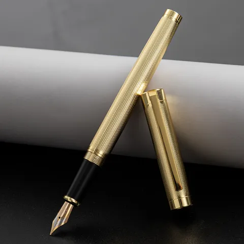 Business Metal Fountain Pen Fine Nib Office Calligraphy Writing Pen Golden Grid Pattern Luxury Writing Instrument