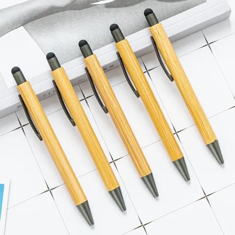 Eco Friendly Bamboo Ballpoint Pen With Stylus Tip Metal Clip Retractable Wooden Pen For Office School Supplies