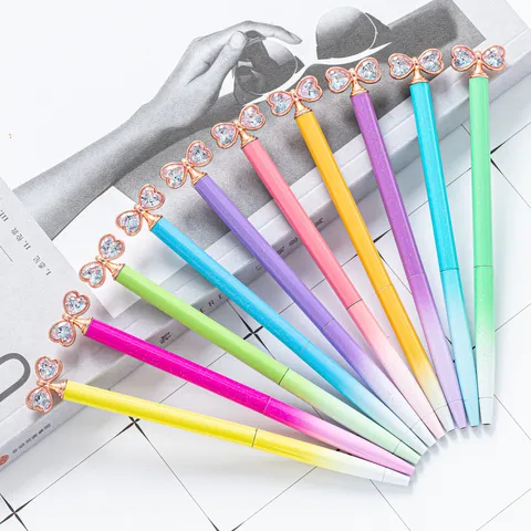 Cute Crystal Bowknot Metal Ballpoint Pen Rhinestone Gradient Color Office Writing Signature Pens Cute Stationery Gift