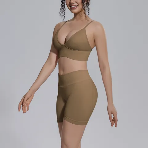 Conjunto de Ropa de Yoga Sin Costuras Color Sólido para Mujer Sujetador Deportivo Espalda Cruzada Shorts Cintura Alta Levanta Cola Ropa Deportiva Parte Superior Y Inferior