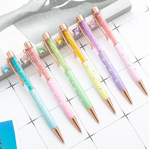 Creative Four Leaf Clover Crystal Quicksand Ballpoint Pen Metal Rose Gold Clip Student Office Writing Stationery