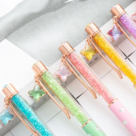 Creative Four Leaf Clover Crystal Quicksand Ballpoint Pen Metal Rose Gold Clip Student Office Writing Stationery